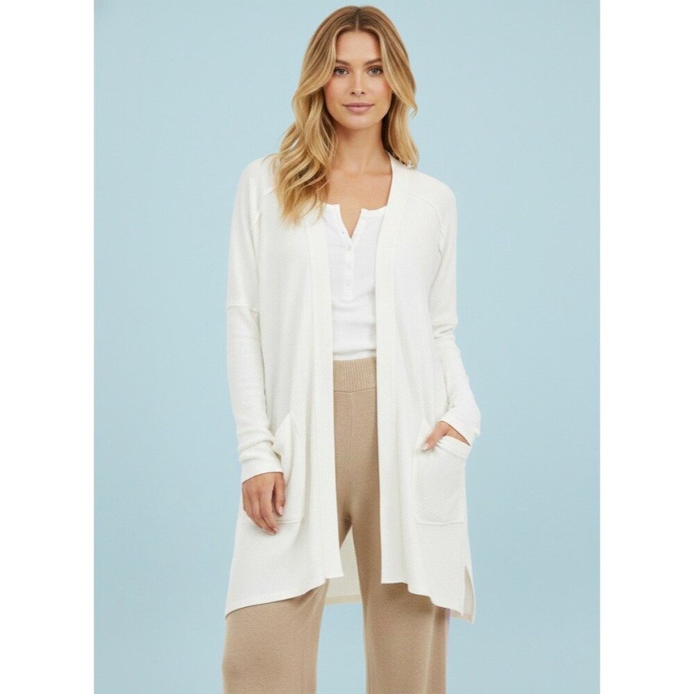 Free People White Waffle Knit Relaxed Cardigan | Coastal Grandmother Soft Girl L - Picture 14 of 16